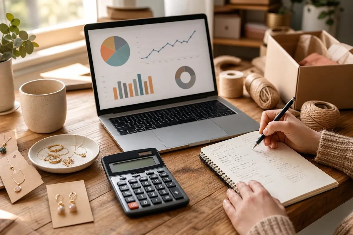Etsy seller calculating ad spend and profit per sale with a laptop, calculator, and product notes