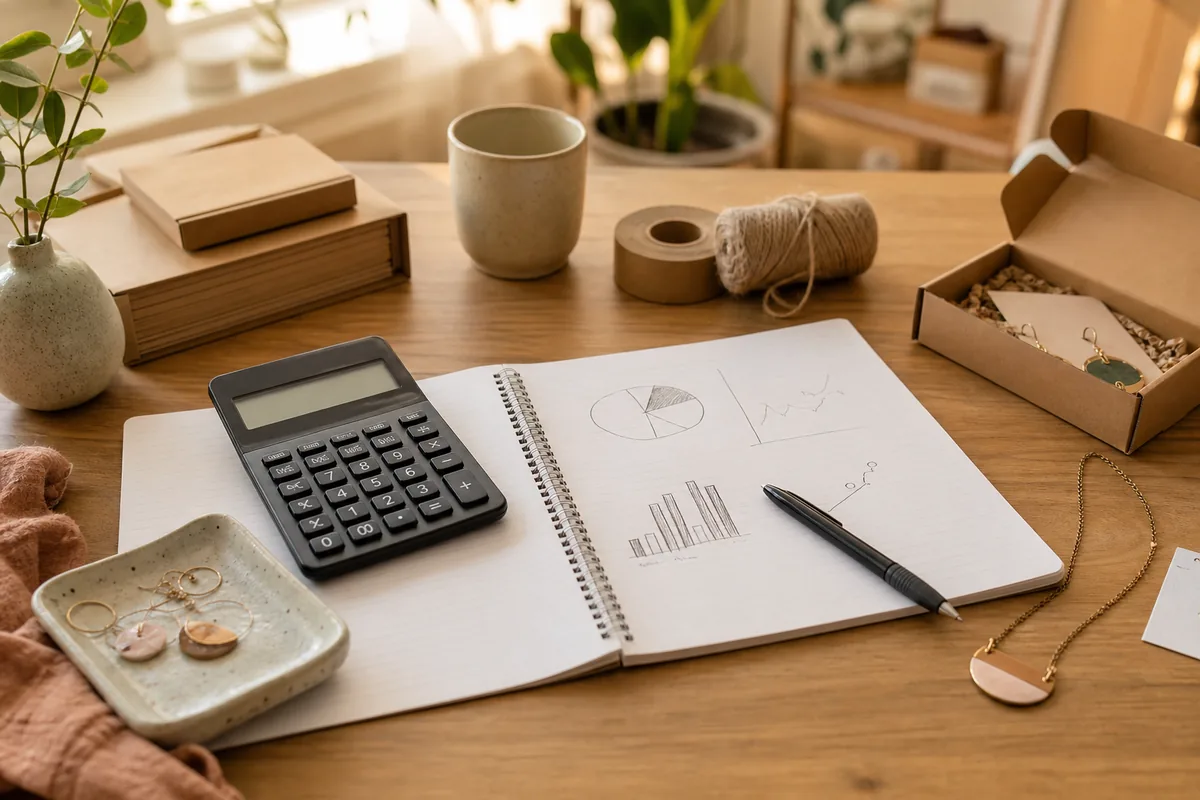 Etsy seller calculating break-even sales with a notebook, calculator, and product samples
