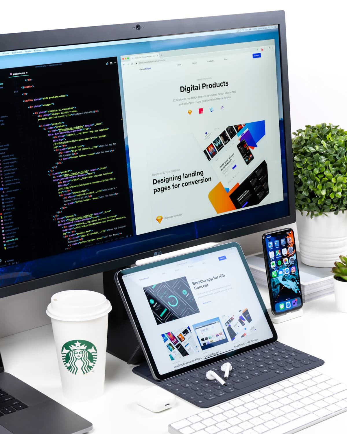 Creative Etsy workspace with a digital design tablet, laptop, and packaged physical product