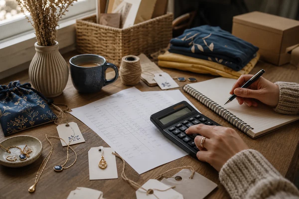 Etsy seller using a calculator and pricing worksheet to check product numbers before launch