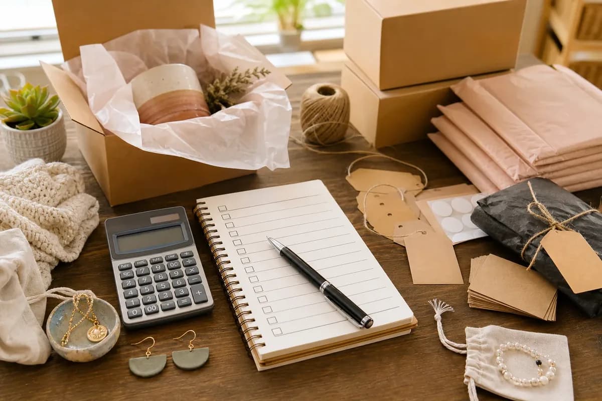 Handmade seller checking product costs with materials, packaging supplies, calculator, and checklist