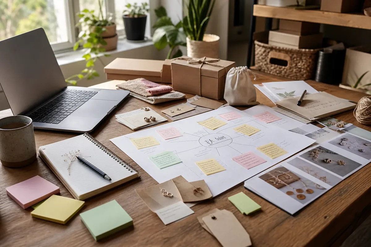 Etsy seller validating a product idea with notes, samples, research, and a laptop