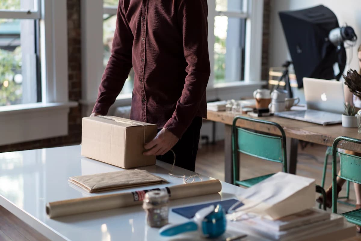 Etsy seller preparing packed orders while reviewing a monthly sales goal