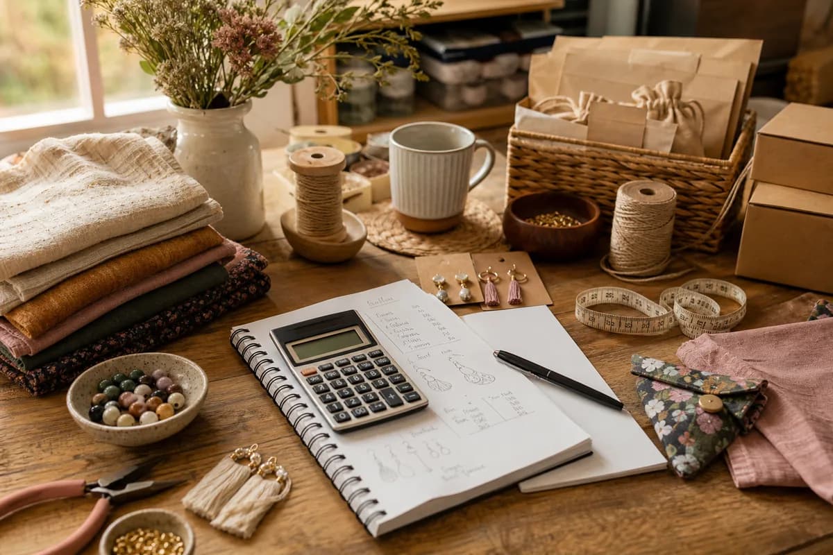 Handmade seller pricing products with materials, tools, calculator, and time-tracking notes